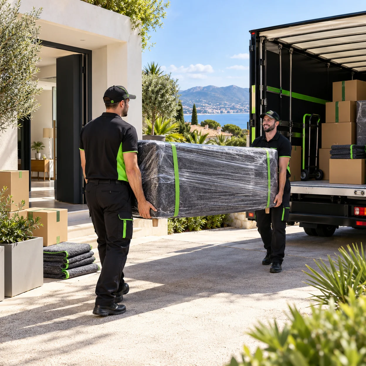 Illustration de deux déménageurs transportant un canapé protégé entre une maison et un camion.