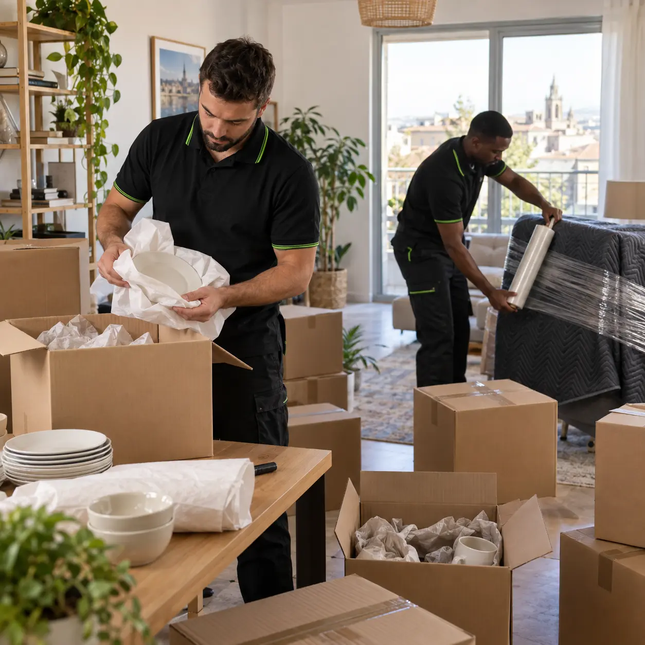 Déménageurs préparant les cartons et protégeant le mobilier