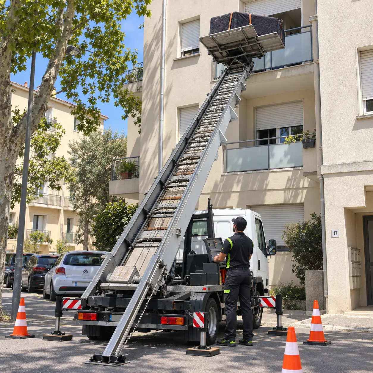 Monte-meubles avec opérateur devant un immeuble